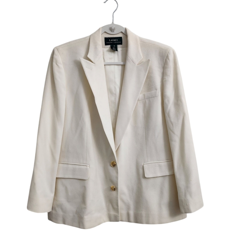 Lauren Ralph Lauren Blazer‎ 8 Ivory Whitw Gold Buttons Wool Blend Collared